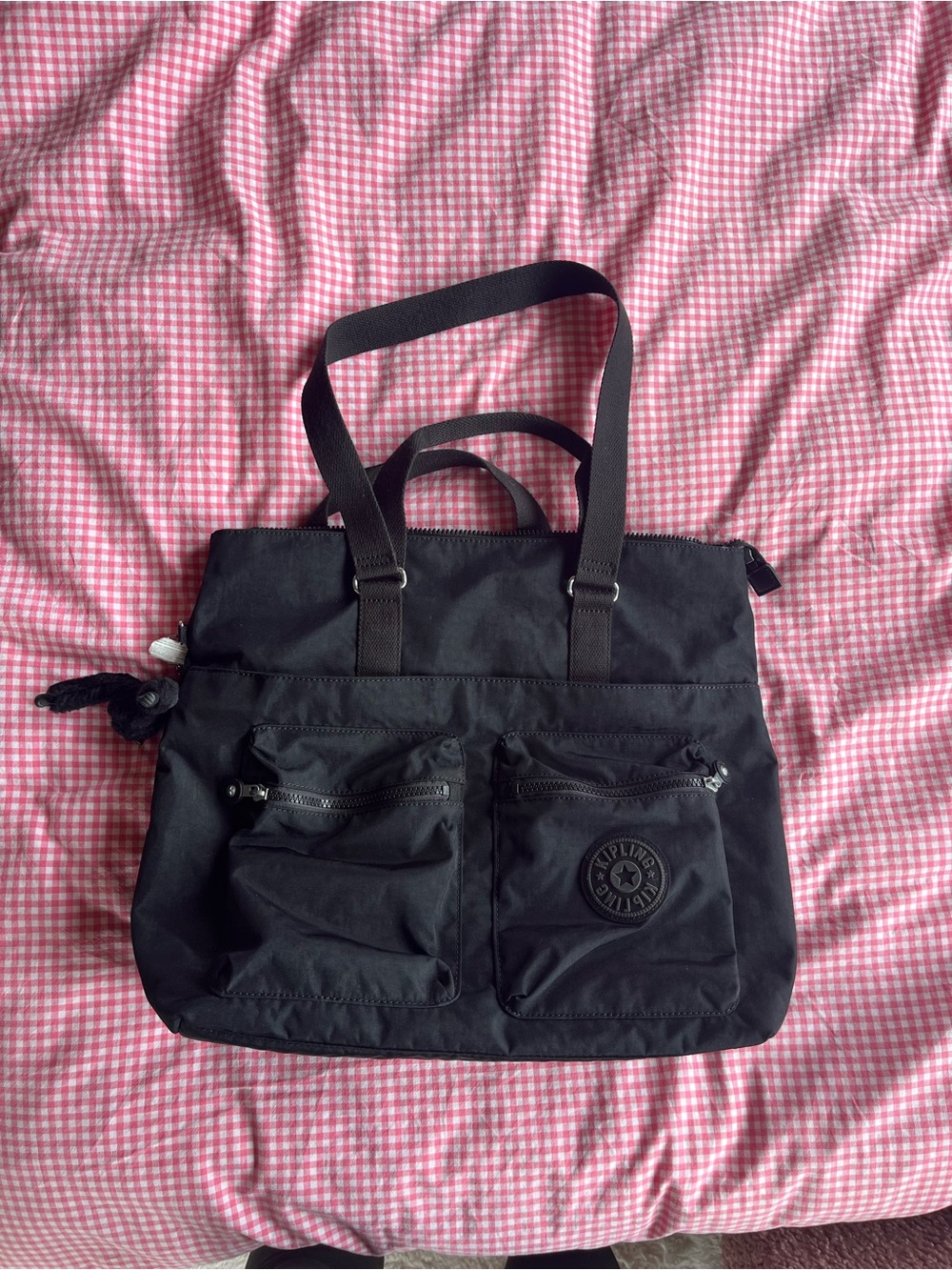 Kipling Black Nylon Messenger Tote with Front Pockets